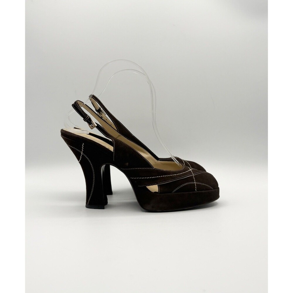 Prada F/W 2000 Brown Suede Slingback Heels Whipstitch Accent Vintage Sz EU 37.5